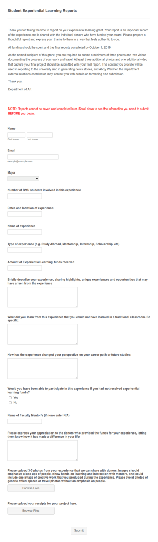 Student Experiential Learning Report Form Template