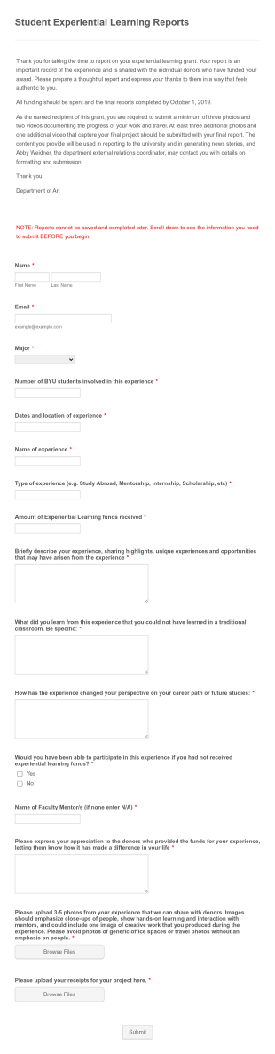 Student Experiential Learning Report Form Template