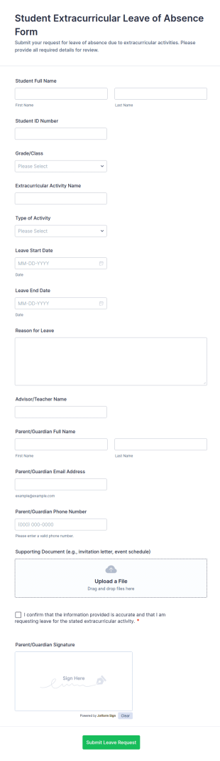 Student Extracurricular Leave Of Absence Form Template