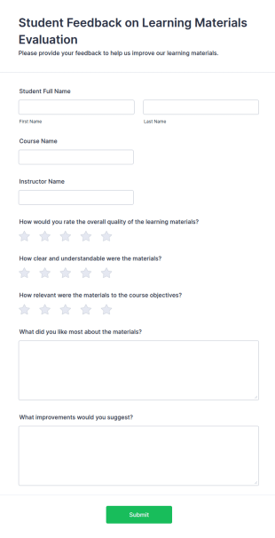 Student Feedback On Learning Materials Evaluation Form Template