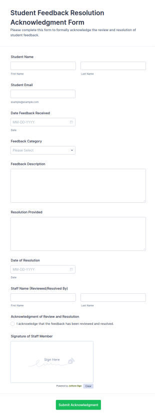 Student Feedback Resolution Acknowledgment Form Template