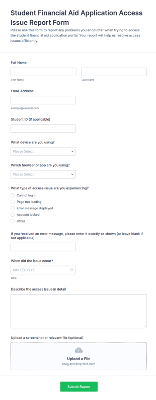 Student Financial Aid Application Access Issue Report Form Template