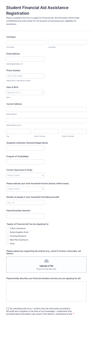 Student Financial Aid Assistance Registration Form Template