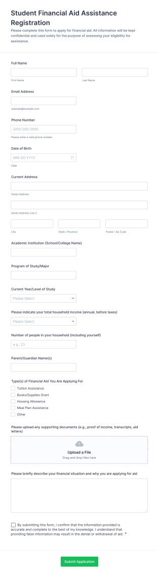 Student Financial Aid Assistance Registration Form Template
