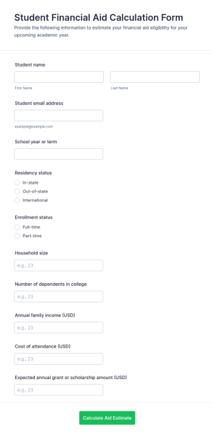 Student Financial Aid Calculation Form Template