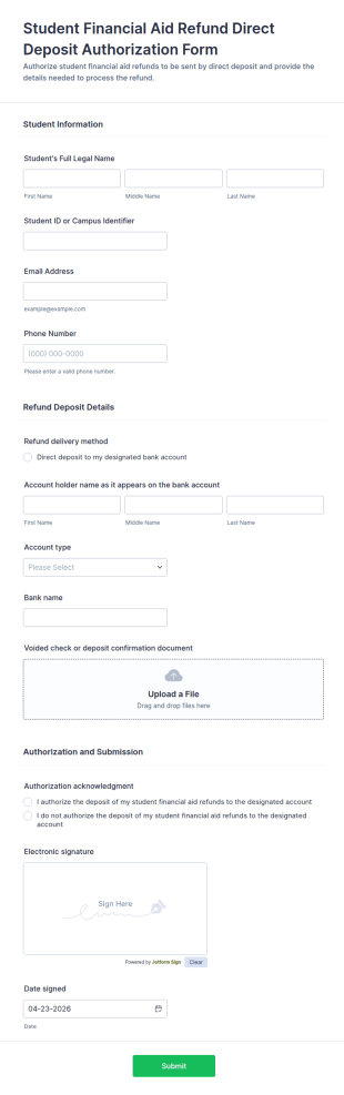 Student Financial Aid Refund Direct Deposit Authorization Form Template