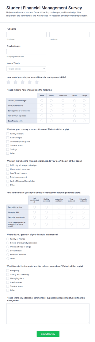 Student Financial Management Survey Form Template