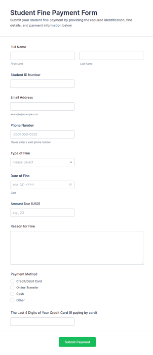 Student Fine Payment Form Template