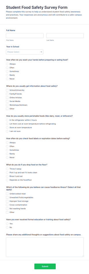 Student Food Safety Survey Form Template