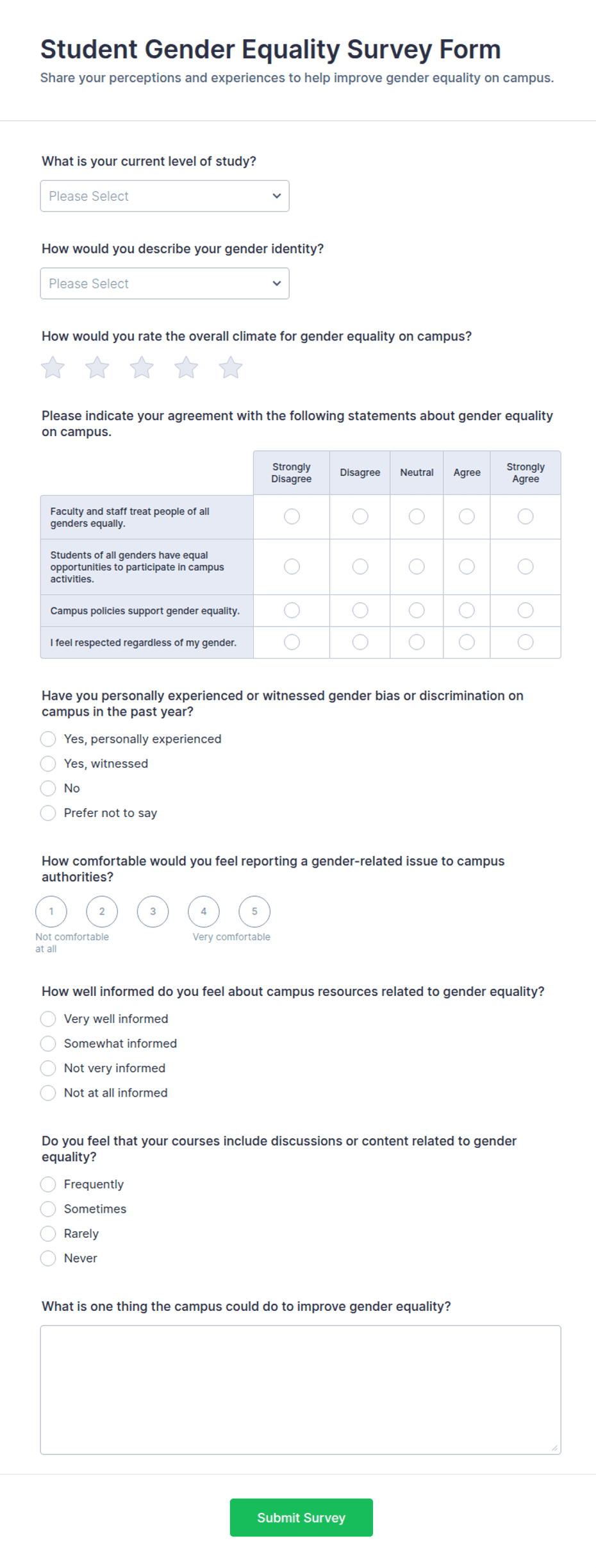 Student Gender Equality Survey Form Template | Jotform