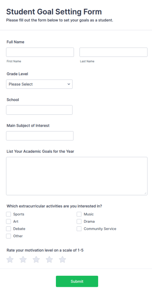 Student Goal Setting Form Template