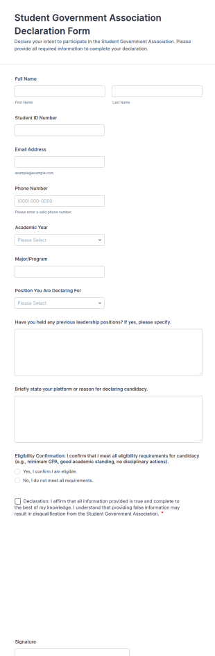 Student Government Association Declaration Form Template