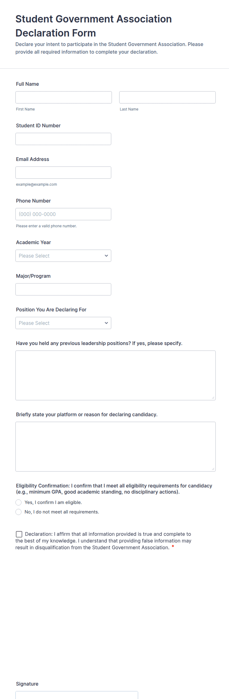 Team Formation Declaration Student Government Association Declaration Form Template | Jotform