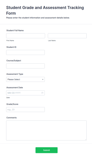 Student Grade And Assessment Tracking Form Template