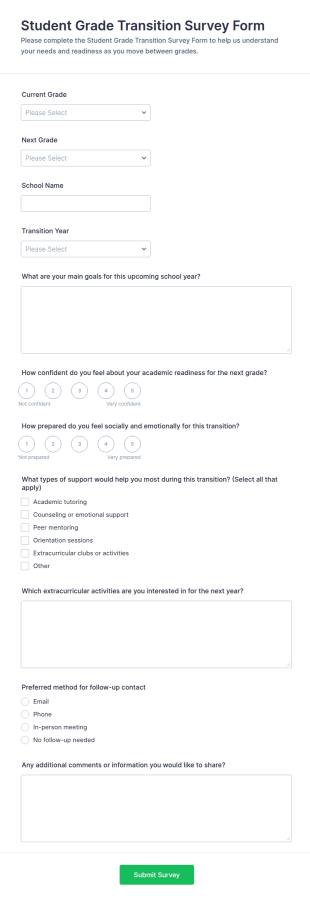 Student Grade Transition Survey Form Template