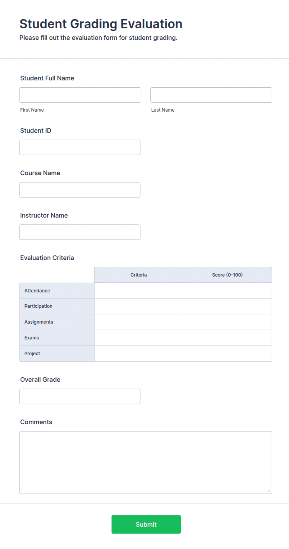 Grading Form.pdf Student Grading Evaluation Form Template | Jotform
