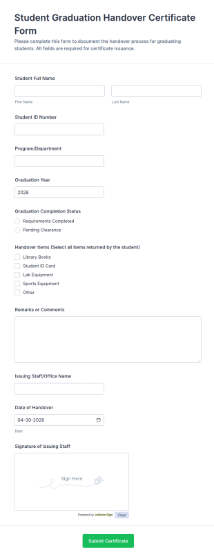 Student Graduation Handover Certificate Form Template