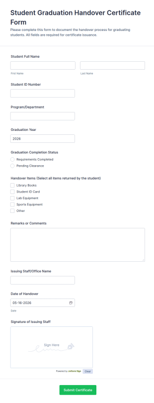 Student Graduation Handover Certificate Form Template