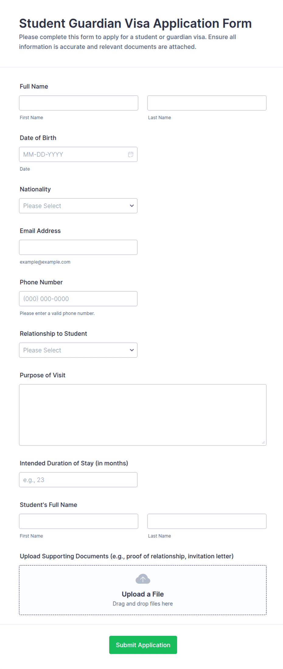 Student Guardian Visa Application Form Template | Jotform