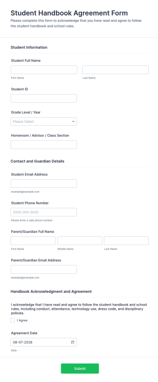 Student Handbook Agreement Form Template