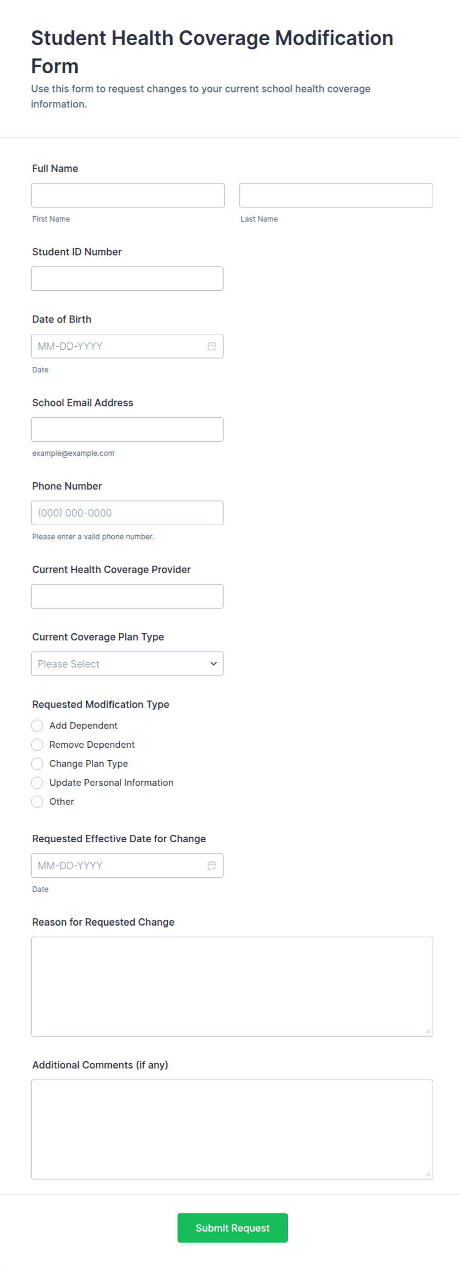 Student Health Coverage Modification Form Template | Jotform