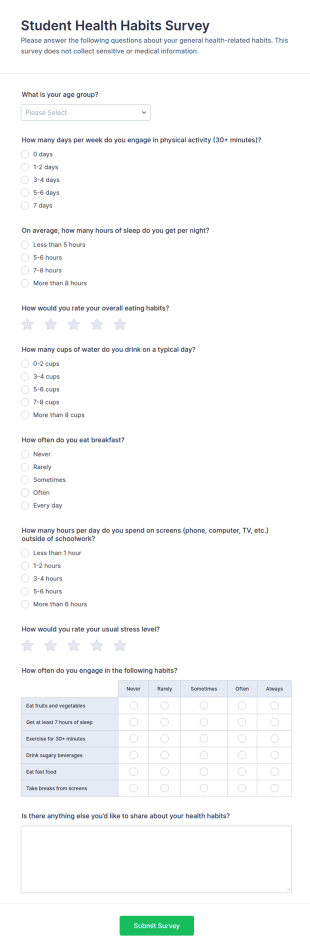 Student Health Habits Survey Form Template