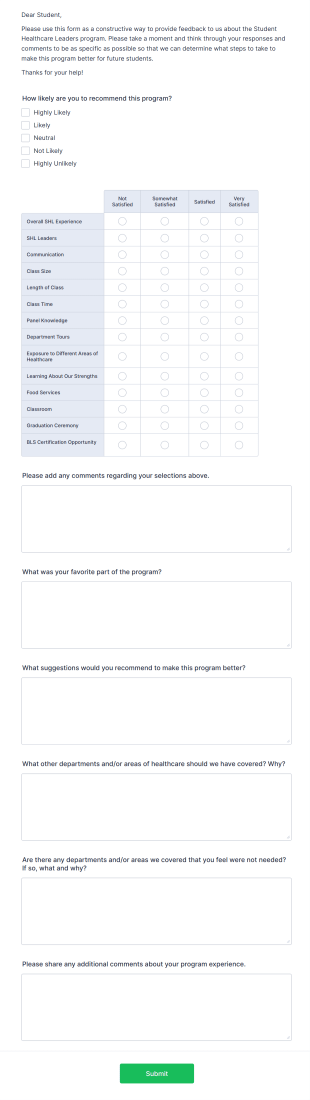 Student Program Feedback Form Template