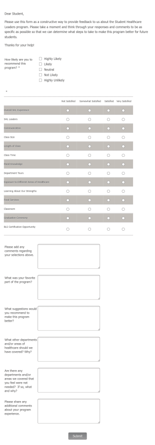 Student Healthcare Leaders (SHL) Feedback Form Template