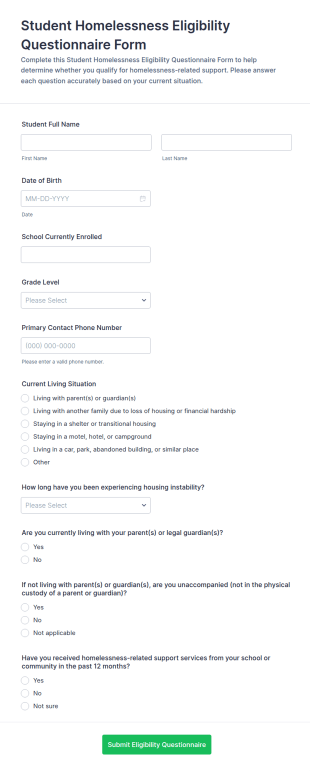 Student Homelessness Eligibility Questionnaire Form Template