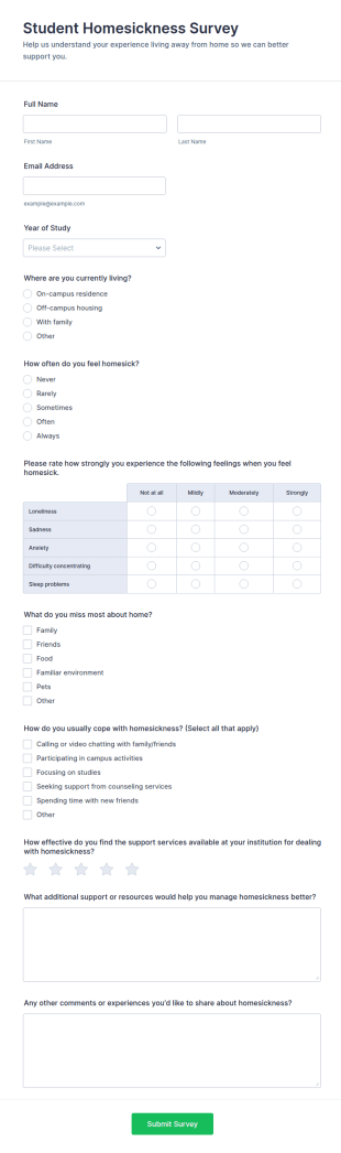 Student Homesickness Survey Form Template