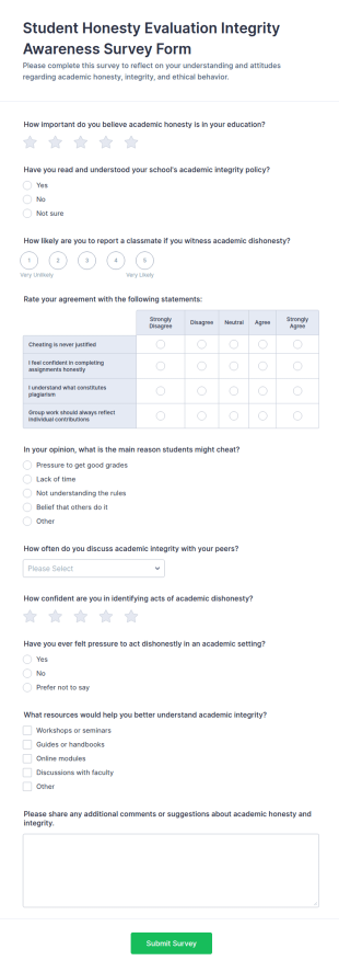 Student Honesty Evaluation Integrity Awareness Survey Form Template