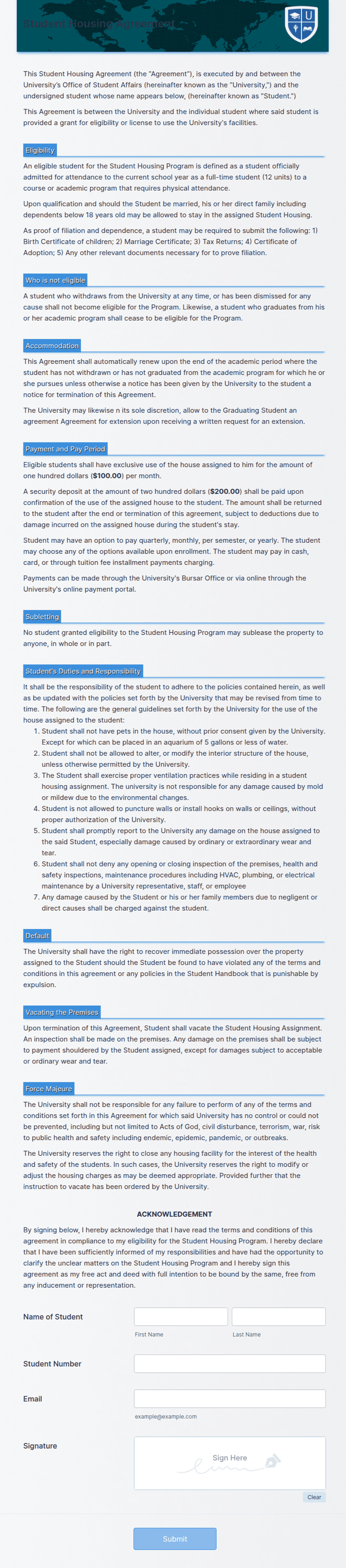 Student Housing Agreement Form Template | Jotform