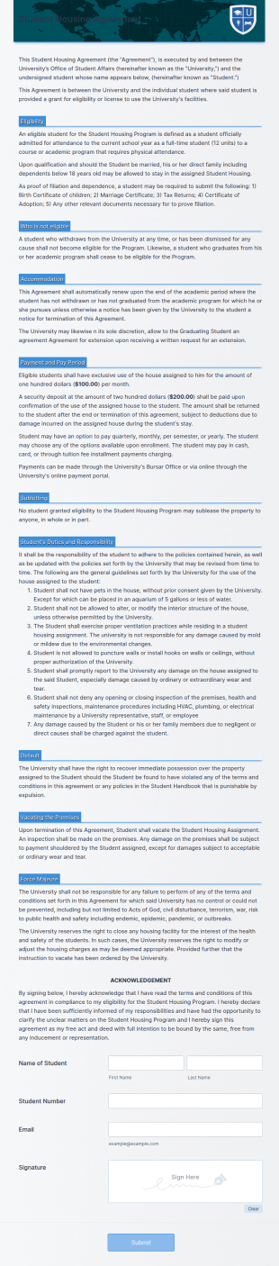 Student Housing Agreement Form Template