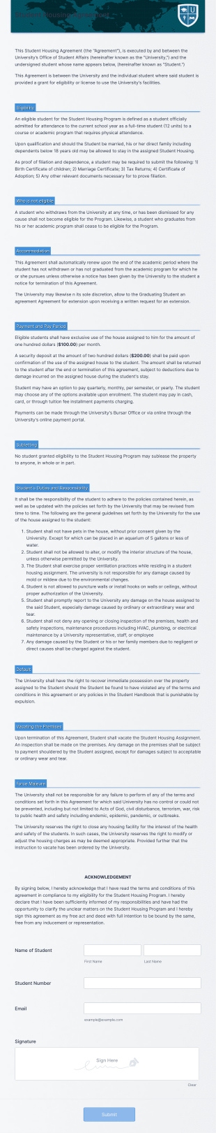 Student Housing Agreement Form Template