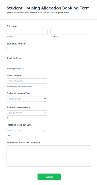 Student Housing Allocation Booking Form Template