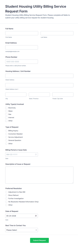 Student Housing Utility Billing Service Request Form Template