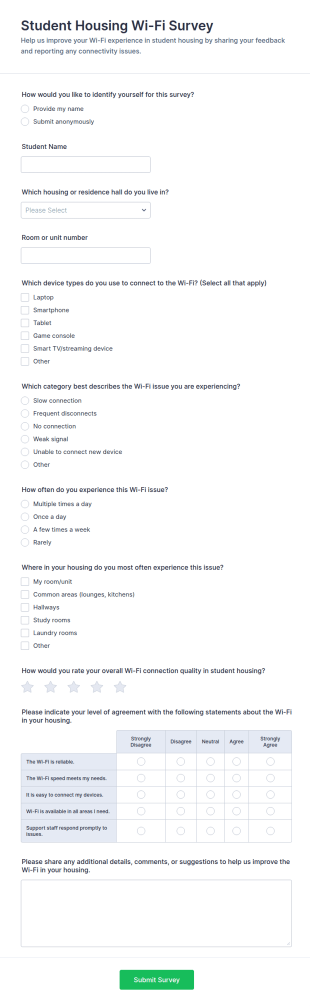 Student Housing Wi Fi Survey Form Template