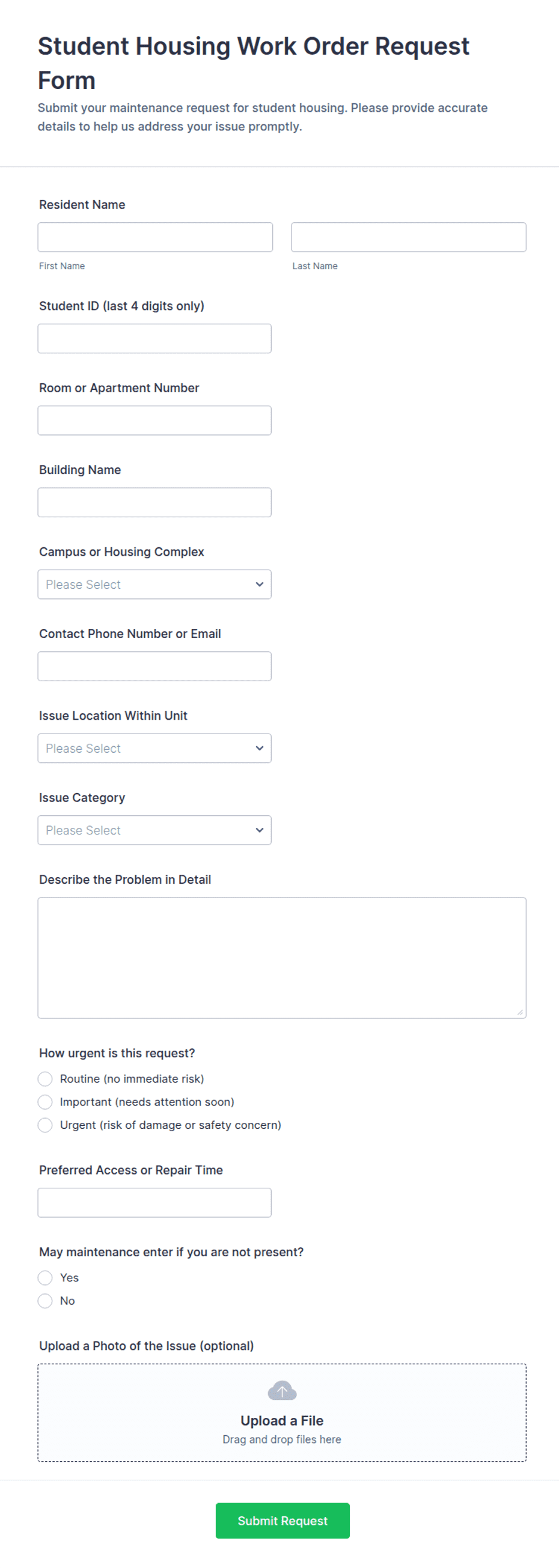 Student Housing Work Order Request Form Template | Jotform