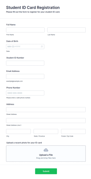 Student ID Card Registration Form Template