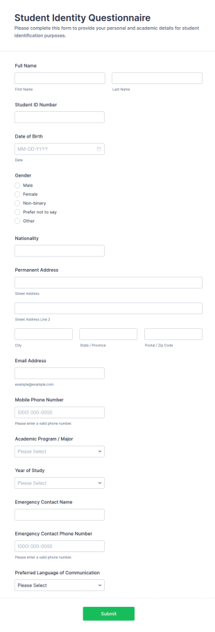 Student Identity Questionnaire Form Template