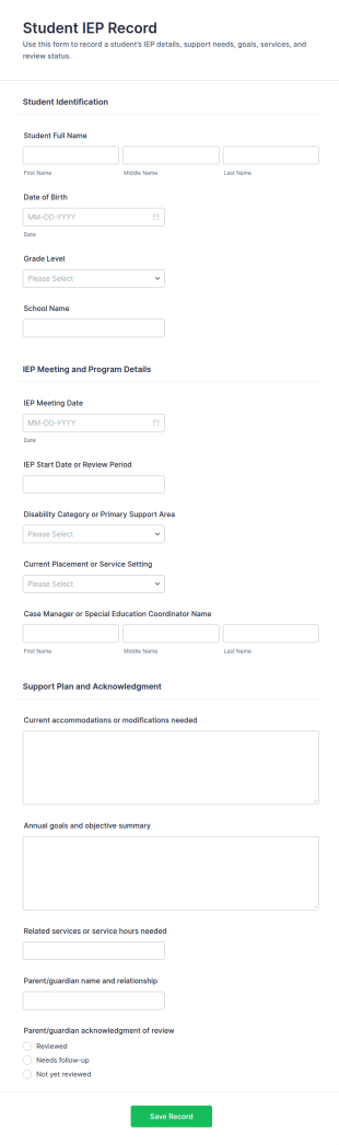 Student IEP Record Form Template