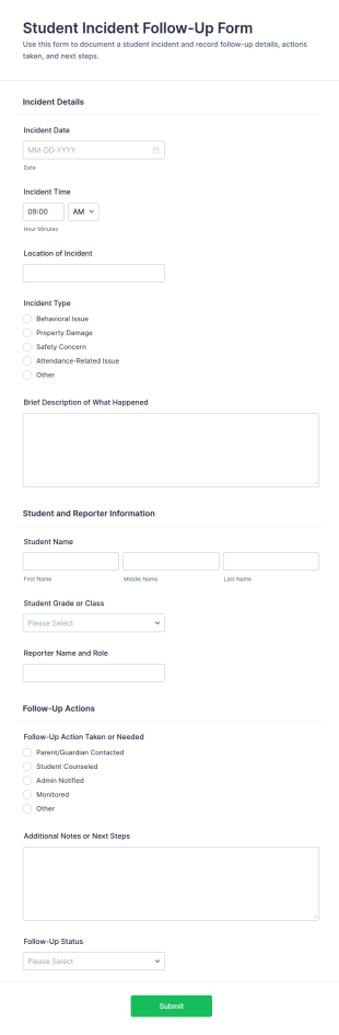 Student Incident Follow Up Form Template