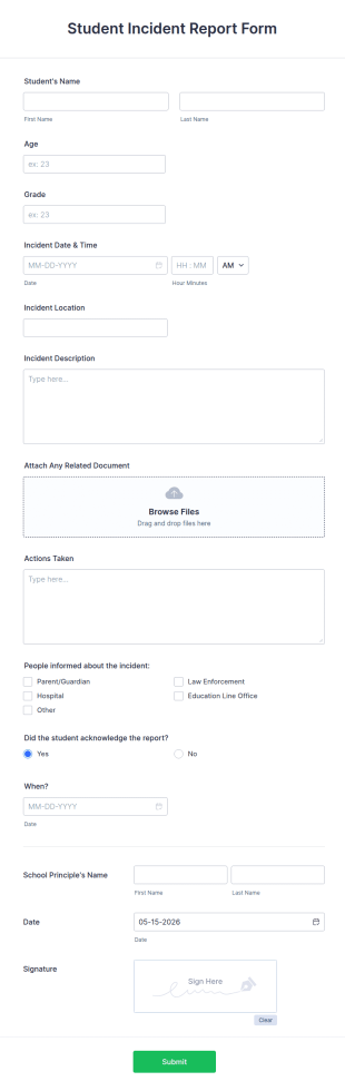 Student Incident Report Form Template