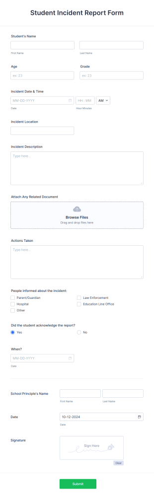 Student Incident Report Form Template
