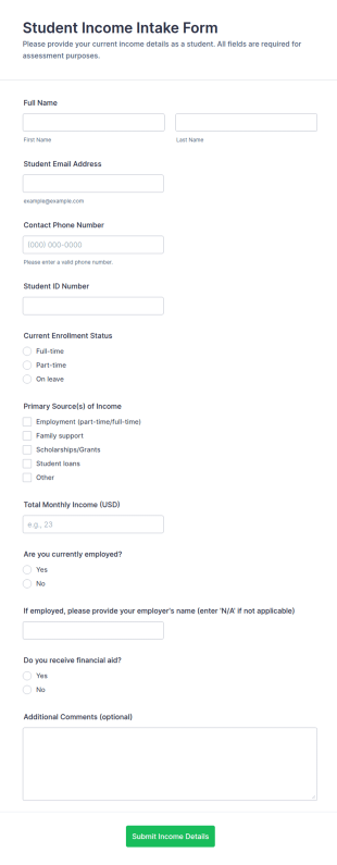 Student Income Intake Form Template