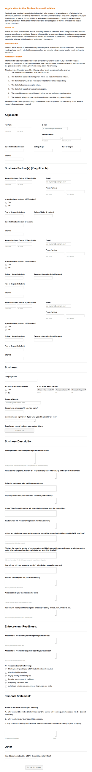 Student Incubator Application Form Template