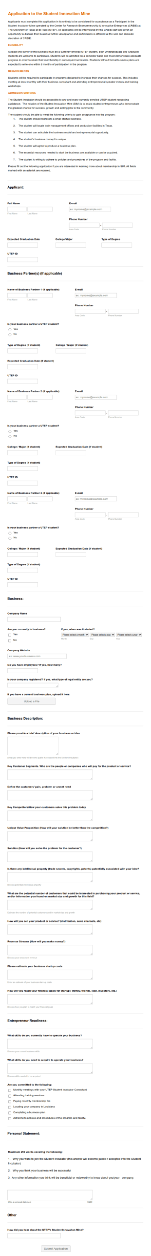 Student Incubator Application Form Template