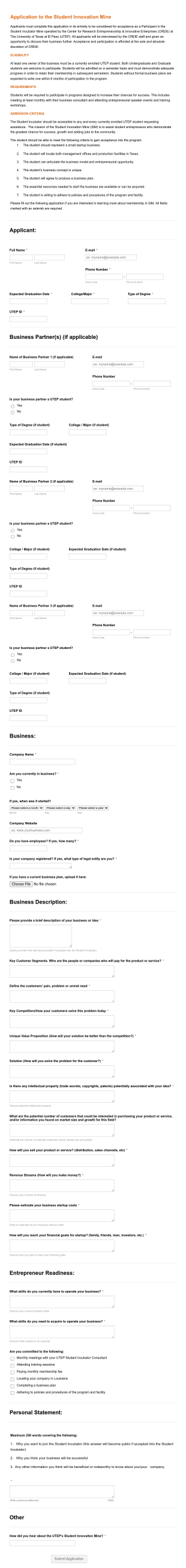 Student Incubator Application Form Template