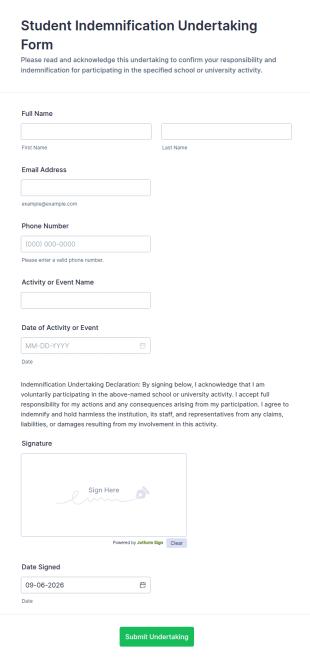 Student Indemnification Undertaking Form Template