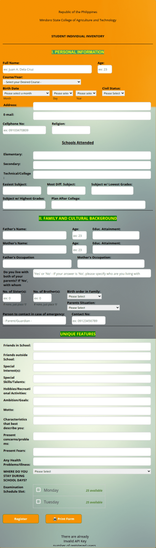Student Individual Inventory Form Template